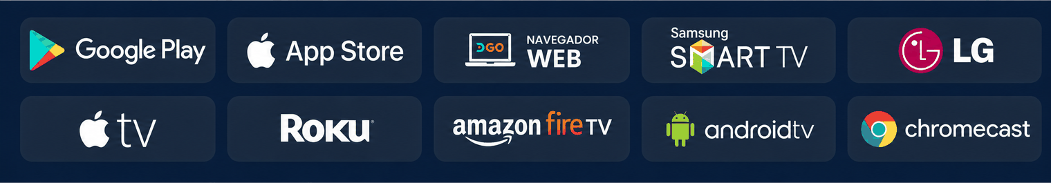 Google Play, App Store, navegador web, Samsung Smart TV, LG, Apple TV, Roku, Amazon Fire TV, Android TV y Chromecast